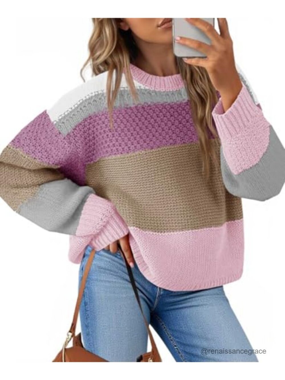 Womens Cropped Color Block Sweater Oversized Y2K Knit Pullover Crew Neck Long